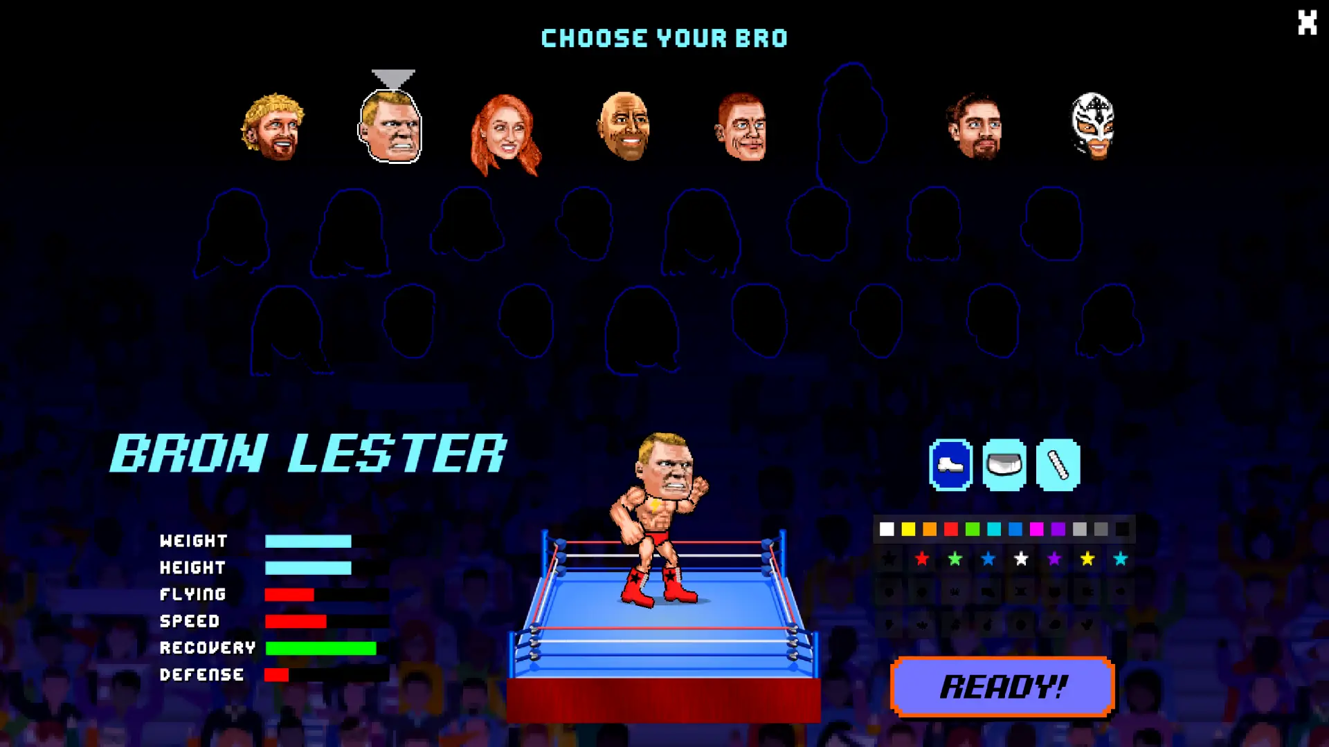 Wrestle Bros character selection screen showing Brow Lester in a pixel-art wrestling ring