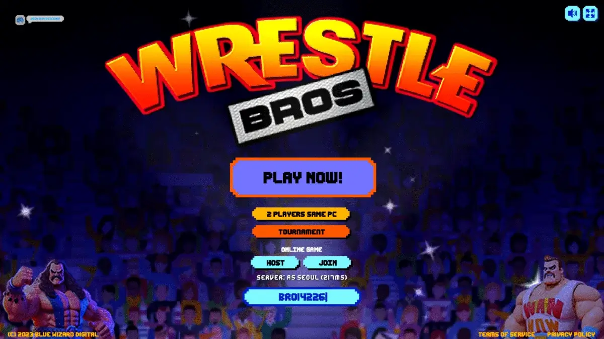 Wrestle Bros pixel art game cover with two cartoon wrestlers in a ring